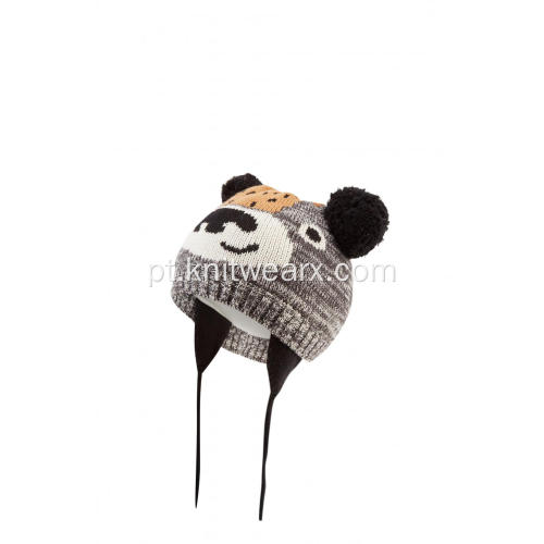 Gorro de urso de malha jacquard com pompons de menino feminino